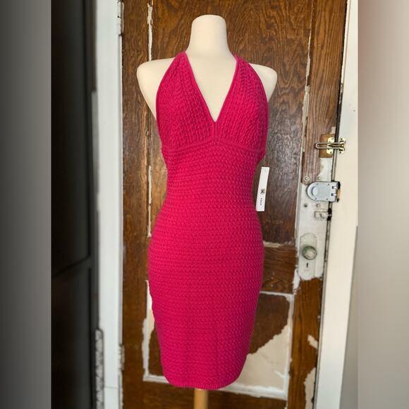 AQUA Pink Crochet Halter Top Mini Dress sz L (NWT) - Picture 1 of 13